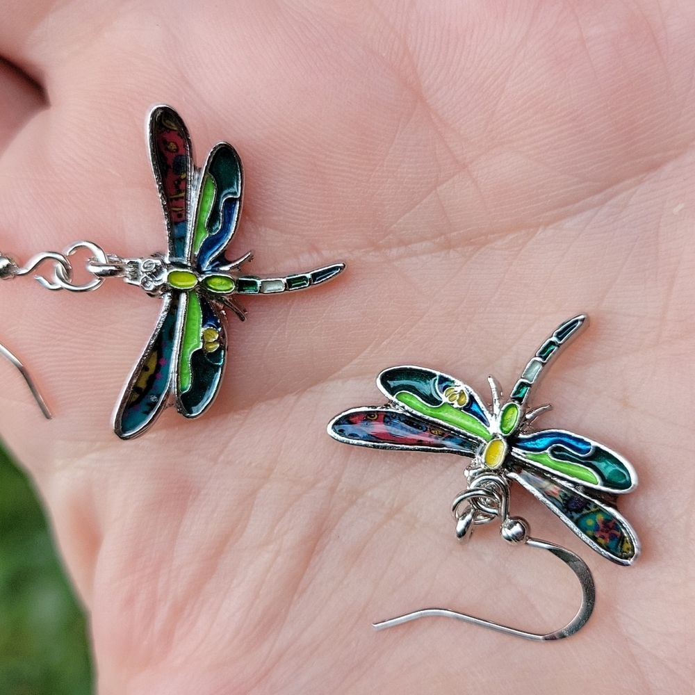 Mosaic Dragonfly Enamel and Silver Drop Earrings - Picture 7 of 8
